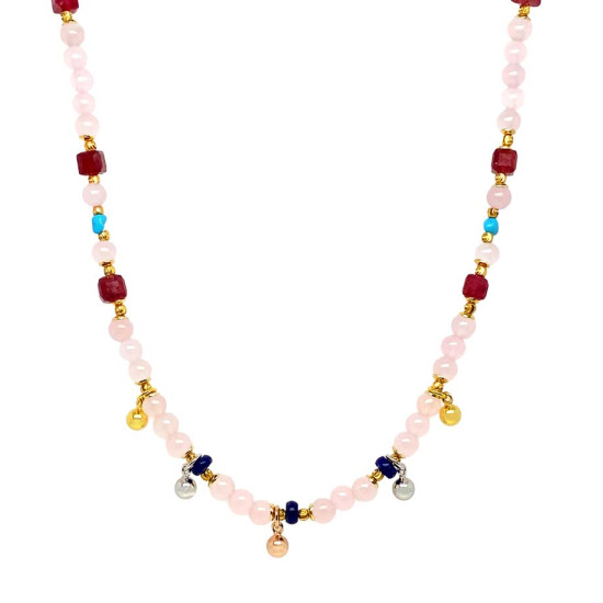 24K GOLD PLATED PINK QUARTZ NECKLACE WITH LAPIS, RUBY, TURQUOISE, PEARL, AND AMETHYST