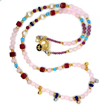 24K GOLD PLATED PINK QUARTZ NECKLACE WITH LAPIS, RUBY, TURQUOISE, PEARL, AND AMETHYST