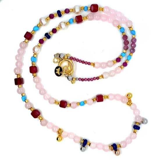 24K GOLD PLATED PINK QUARTZ NECKLACE WITH LAPIS, RUBY, TURQUOISE, PEARL, AND AMETHYST