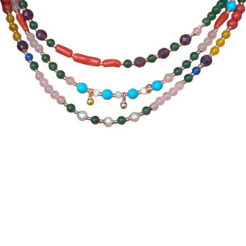 24 GOLD PLATED 3 LAYRS  RED CORAL NECKLACE WITH  TURQUOISE , JAIDE , PEARLS , YELLOW AGATE , BLUE AGATE