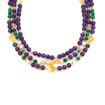 GOLD PLATED CITRINE 3 LAYRS NECKLACE WITH AMETHYST , GREEN JAIDE AND PEARLS 