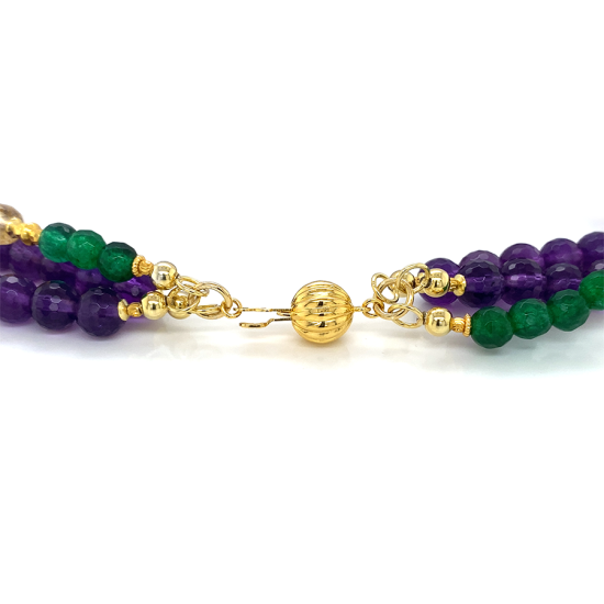 GOLD PLATED CITRINE 3 LAYRS NECKLACE WITH AMETHYST , GREEN JAIDE AND PEARLS 