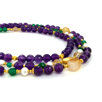 GOLD PLATED CITRINE 3 LAYRS NECKLACE WITH AMETHYST , GREEN JAIDE AND PEARLS 