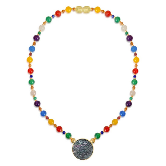 A necklace made of Saudi pound shell with colored agate , amethyst, pink quartz, coral, malachite, garnet stones, lapis, and Coke A necklace made of Saudi pound shell with colored agate , amethyst, pink quartz, coral, malachite, garnet stones, lapis, and Coke