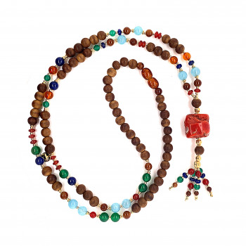 coral necklace with green , red agate , aquamarine , lapis , amber , coke and agar wood