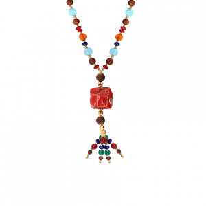 coral necklace with green , red agate , aquamarine , lapis , amber , coke and agar wood