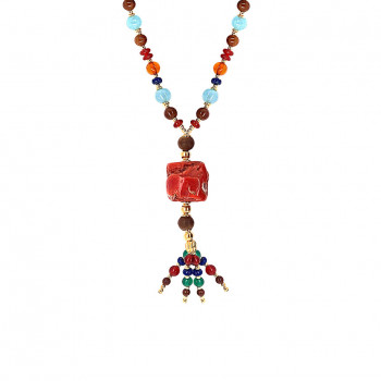coral necklace with green , red agate , aquamarine , lapis , amber , coke and agar wood