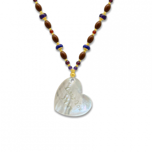 seashell heart  necklace with amethyst , garnet , lapis , malachite , red agate and coke wood 