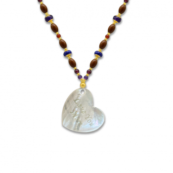 seashell heart  necklace with amethyst , garnet , lapis , malachite , red agate and coke wood 