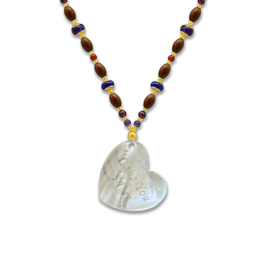seashell heart  necklace with amethyst , garnet , lapis , malachite , red agate and coke wood 