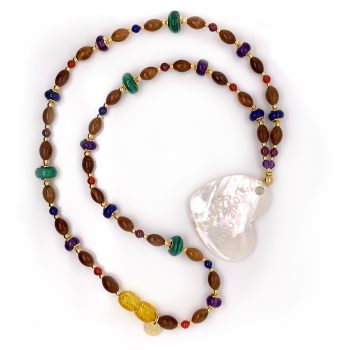seashell heart  necklace with amethyst , garnet , lapis , malachite , red agate and coke wood 