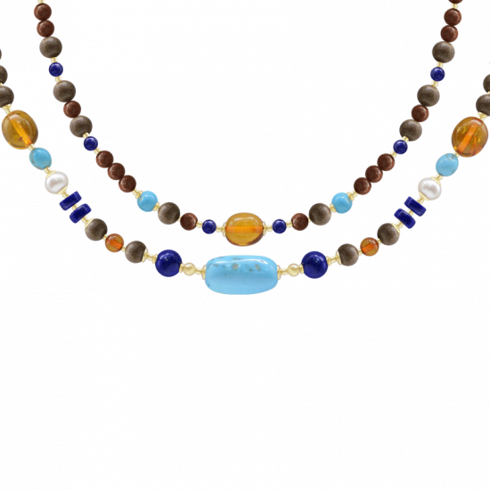2 layers Turquoise necklace with lapis, Amber, Pearl and Coke . 2 layers Turquoise necklace with lapis, Amber, Pearl and Coke .