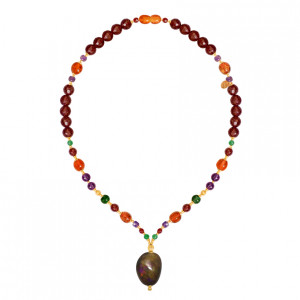 Black Opal necklace with Amber, Ruby, Amethyst and malachite . 