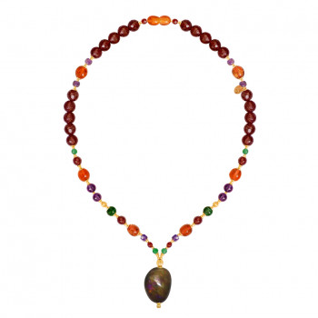 Black Opal necklace with Amber, Ruby, Amethyst and malachite . 