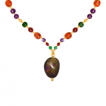 Black Opal necklace with Amber, Ruby, Amethyst and malachite . 