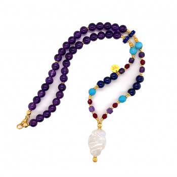 gold plated moon stone necklace Rubi agate , amethyst, halolite and lapis
