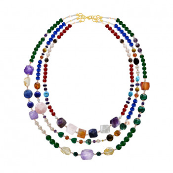 3 layers necklace with Italian Amethyst stones, Lapis, Malachite, Turqoise, pink quartz, Green agate and Red agate 