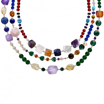 3 layers necklace with Italian Amethyst stones, Lapis, Malachite, Turqoise, pink quartz, Green agate and Red agate 