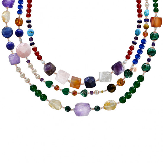 3 layers necklace with Italian Amethyst stones, Lapis, Malachite, Turqoise, pink quartz, Green agate and Red agate 