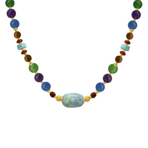 African Opal necklace with Ruby Agate, Red - Green - Blue Agate stones, Halolite stone, Turqoise and Coke Wood 