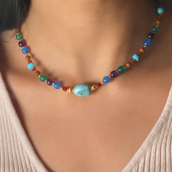 African Opal necklace with Ruby Agate, Red - Green - Blue Agate stones, Halolite stone, Turqoise and Coke Wood 