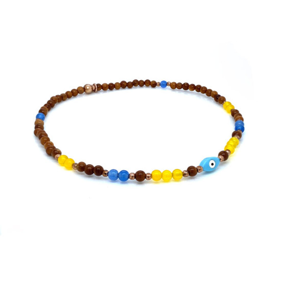 TURQUOISE EYE ANKLET WITH , BLUE AGATE , YELLOW AGATE , WOOD COKE TURQUOISE EYE ANKLET WITH , BLUE AGATE , YELLOW AGATE , WOOD COKE