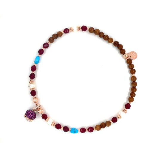 Gold plated Rubi agate anklet with pearl , turquoise and coke wood with red pendant