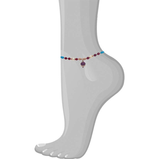 Gold plated Rubi agate anklet with pearl , turquoise and coke wood with red pendant