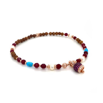 Gold plated Rubi agate anklet with pearl , turquoise and coke wood with red pendant