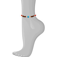 RED CORAL ANKLET WITH TURQUOISE , PEARLS AND COOK WOOD