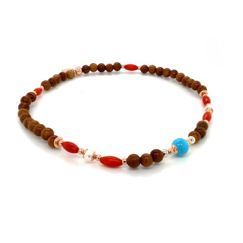 RED CORAL ANKLET WITH TURQUOISE , PEARLS AND COOK WOOD