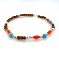 ORANGE CORAL ANKLET WITH TURQUOISE , PEARLS AND COOK WOOD