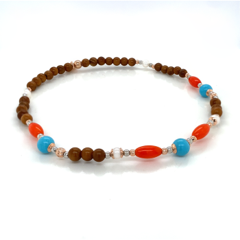 ORANGE CORAL ANKLET WITH TURQUOISE , PEARLS AND COOK WOOD