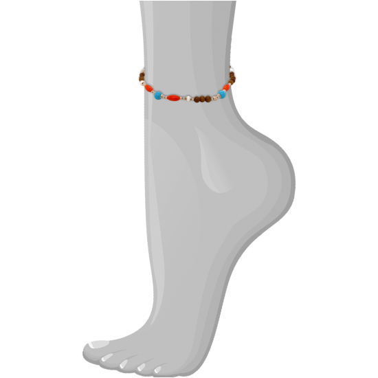 ORANGE CORAL ANKLET WITH TURQUOISE , PEARLS AND COOK WOOD