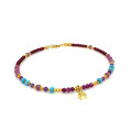 21K GOLD PLATED RUBY ANKLET WITH TURQUOISE, AMETHYST, GARNET, PINK RUBY AND A HORSESHOE PENDANT