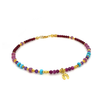 21K GOLD PLATED RUBY ANKLET WITH TURQUOISE, AMETHYST, GARNET, PINK RUBY AND A HORSESHOE PENDANT 21K GOLD PLATED RUBY ANKLET WITH TURQUOISE, AMETHYST, GARNET, PINK RUBY AND A HORSESHOE PENDANT