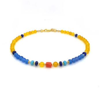 CORAL ANKLET WITH LAPIS , TURQUISE , BLUE AGATE AND YELLOW AGATE