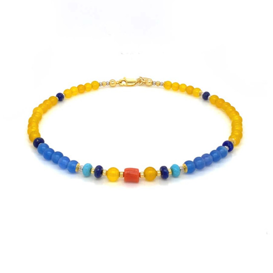 CORAL ANKLET WITH LAPIS , TURQUISE , BLUE AGATE AND YELLOW AGATE