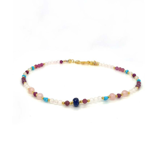 18K GOLD PLATED ZIRCON ANKLET WITH RUBY, TURQUOISE, AND PINK QUARTZ