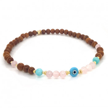 Wood anklet with eye, pinkquartz and amazonite 