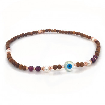 Wood anklet with eye, pearls and garnet 