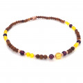 Wood anklet with amber stone, garnet and yellow agate