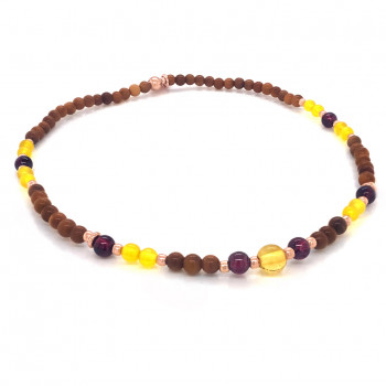 Wood anklet with amber stone, garnet and yellow agate