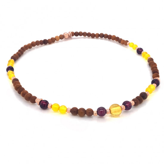 Wood anklet with amber stone, garnet and yellow agate