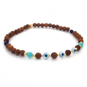 Wood anklet with 3 seashell eyes, amazonite and lapis stone 