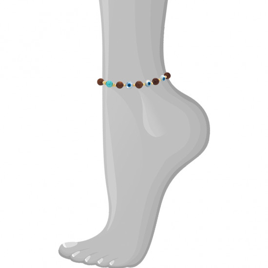 Wood anklet with 3 seashell eyes, amazonite and lapis stone 