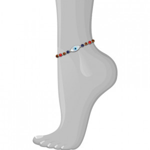 Wood anklet with drawn eye, lapis and coral