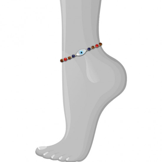 Wood anklet with drawn eye, lapis and coral