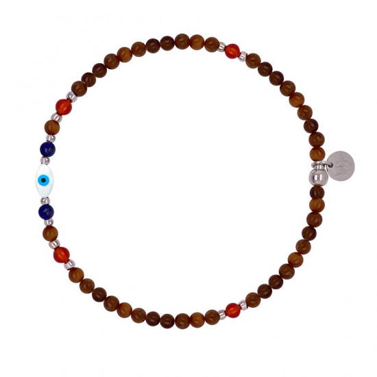 Wood anklet with drawn eye, lapis and coral