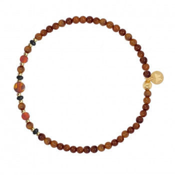 Wood anklet with amber stones, onyx and red agate